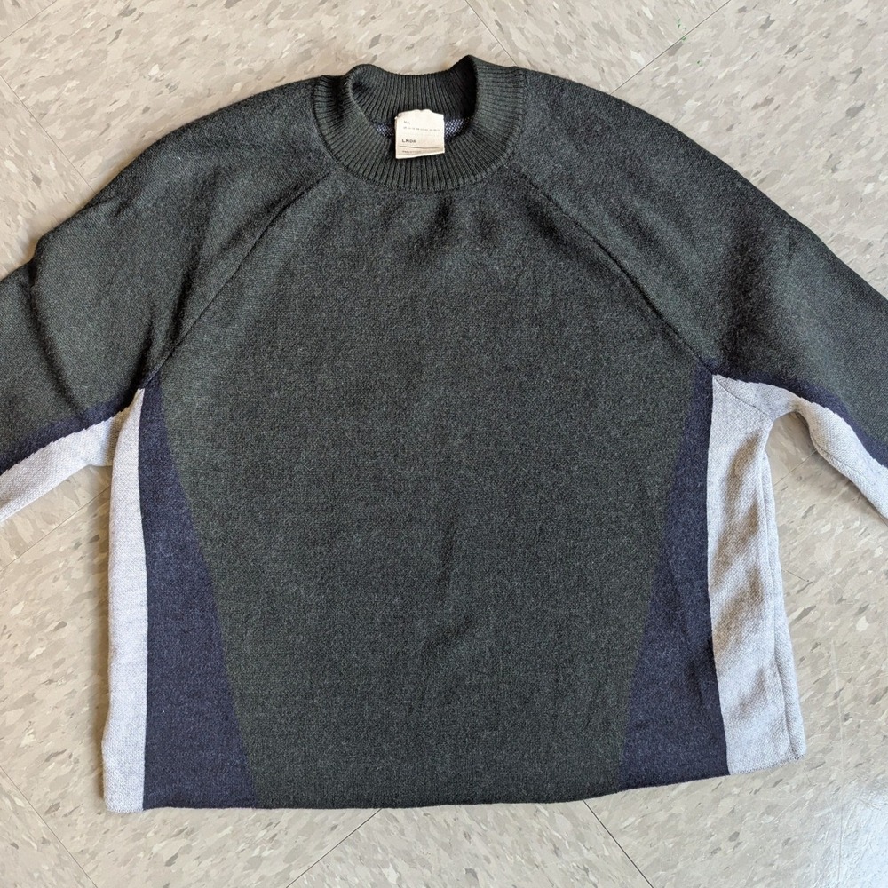 LNDR Merino Wool Colorblock Sweater Green Navy Grey M/L Made in Turkey Office - Picture 2 of 8